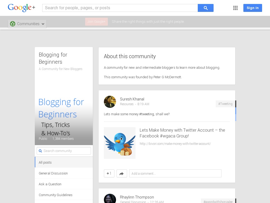 Blogging for Beginners Community Google+