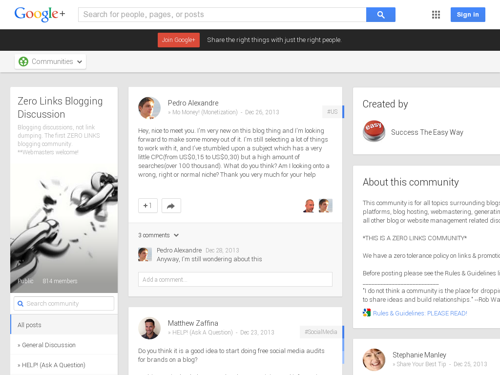 Zero Links Blogging Discussion Community Google+