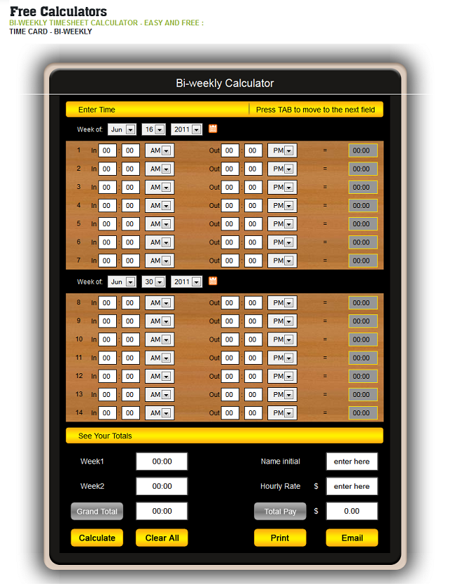 Biweekly Timesheet Calculator - Free Online Timesheet Calculator - Online Time sheet calculator