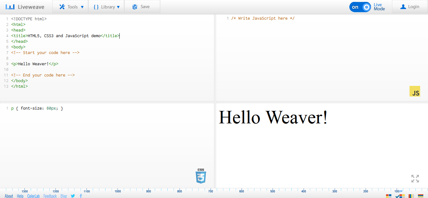 Liveweave - HTML5, CSS3 & JavaScript playground for web designers & developers