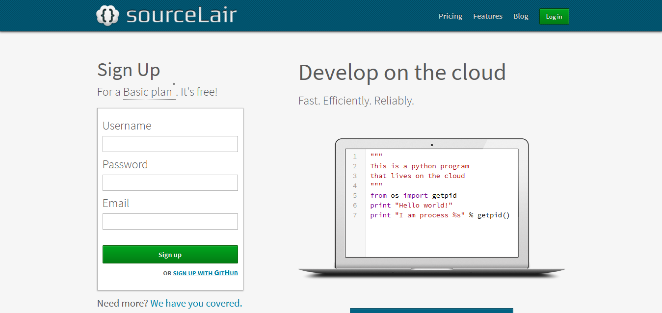 sourceLair · online IDE for Django, Python, JavaScript, HTML_CSS