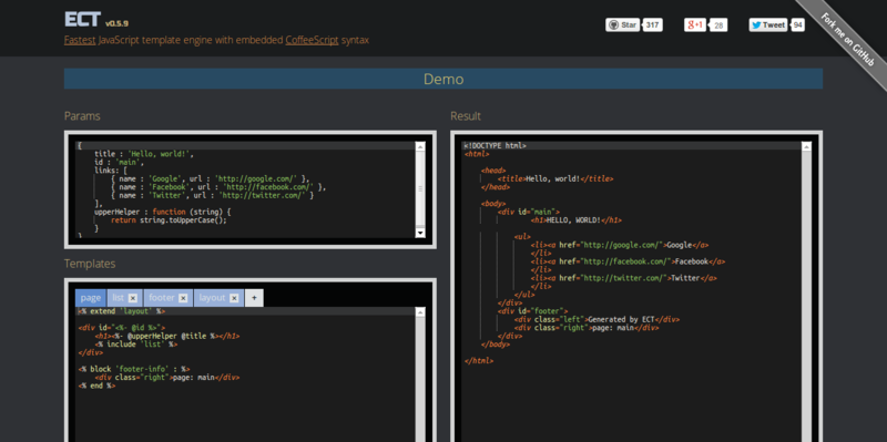 ECT Fastest JavaScript template engine with CoffeeScript syntax