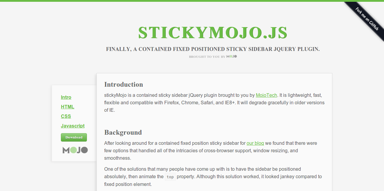 stickyMojo contained fixed position sticky sidebar jquery plugin