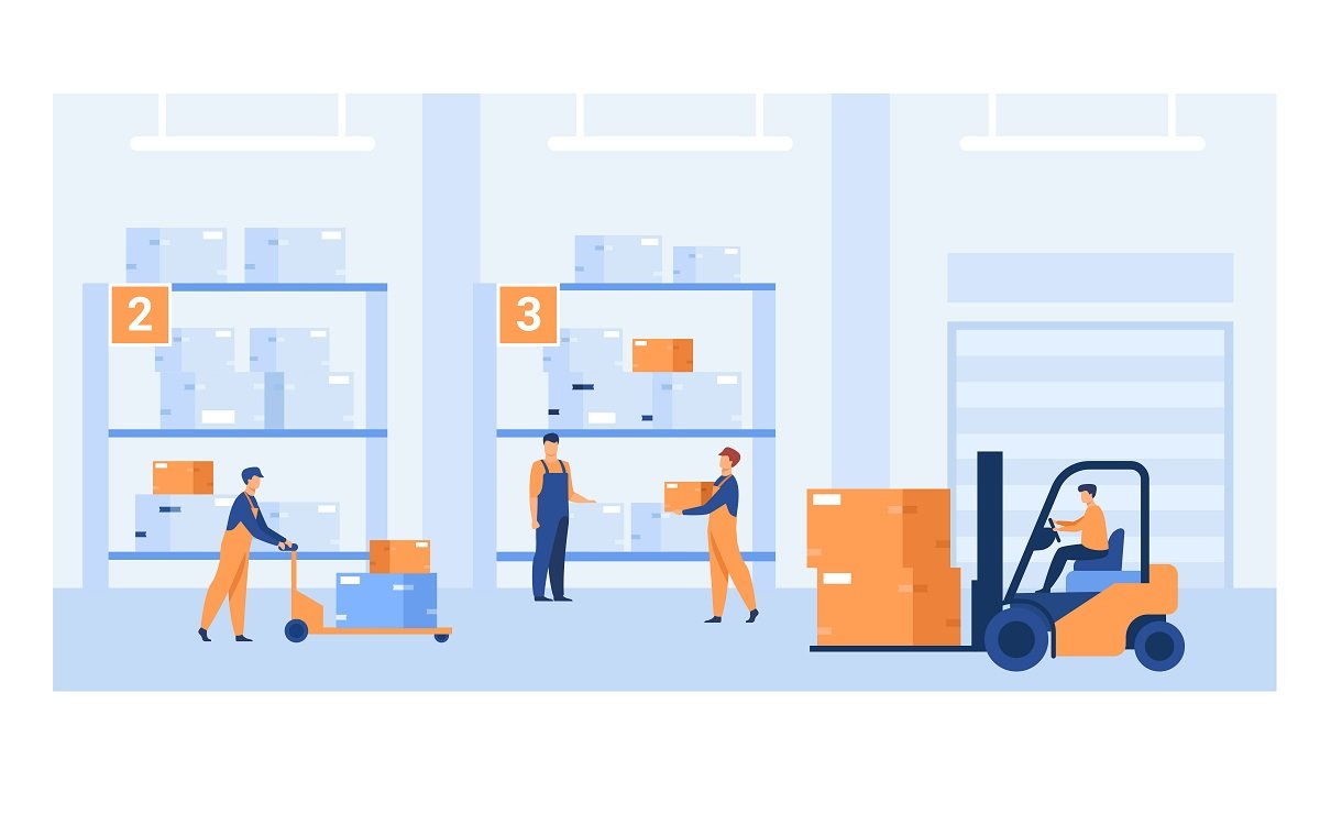 Logistic workers carrying boxes with loaders