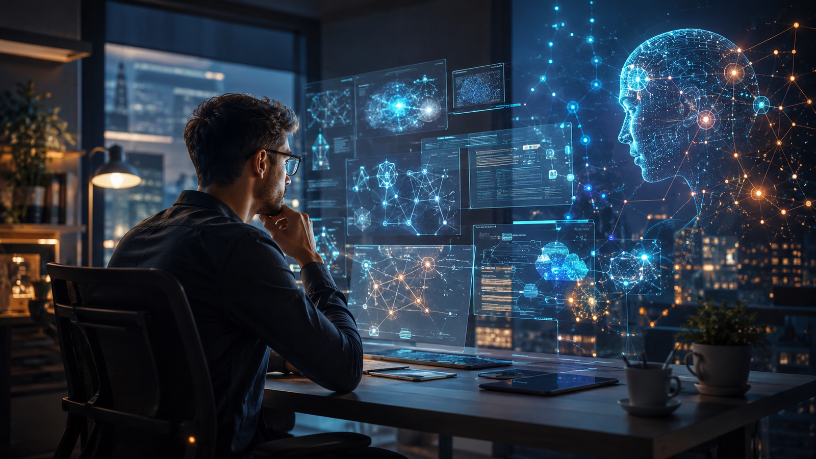 Developer collaborating with AI through intelligent interfaces to build software using AI-assisted coding, architecture design, testing, and deployment workflows