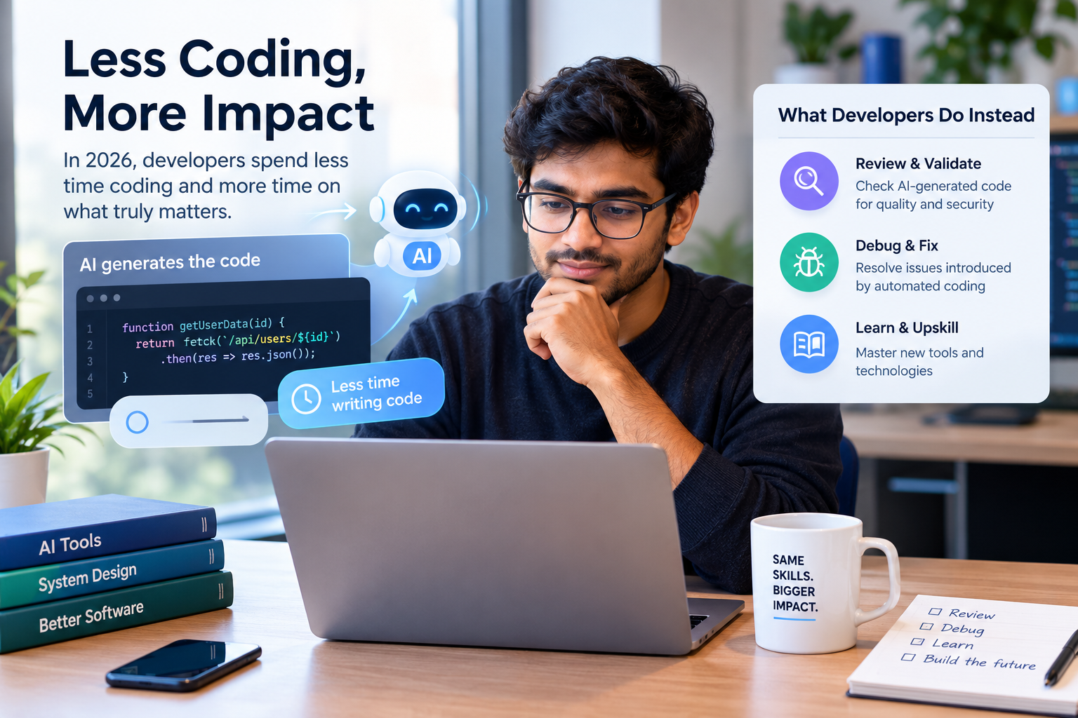 Developers spending less time coding as AI generates code and shifts work toward review, debugging, and learning