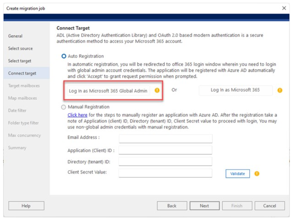 Connect Target window