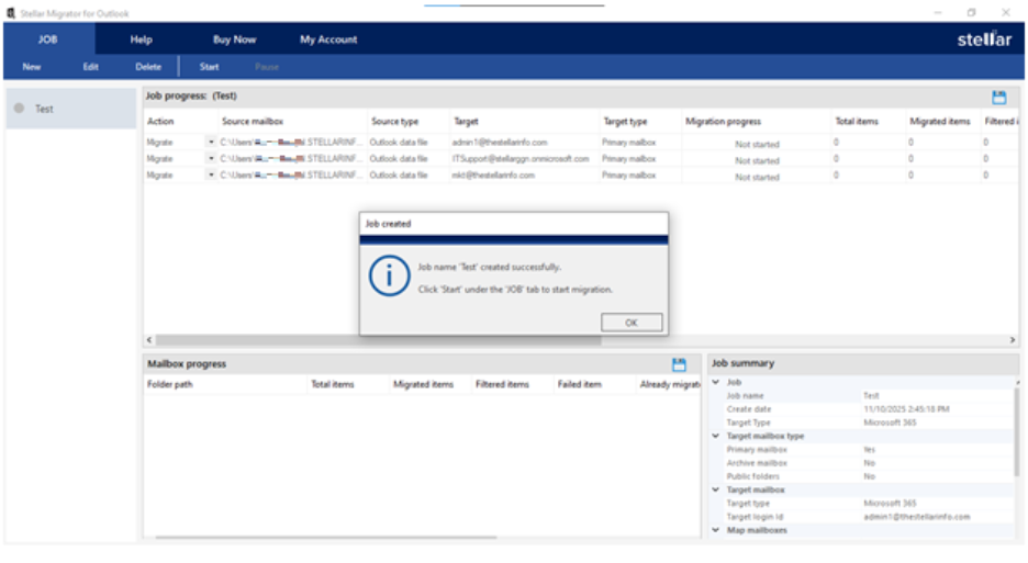 Job created dialog